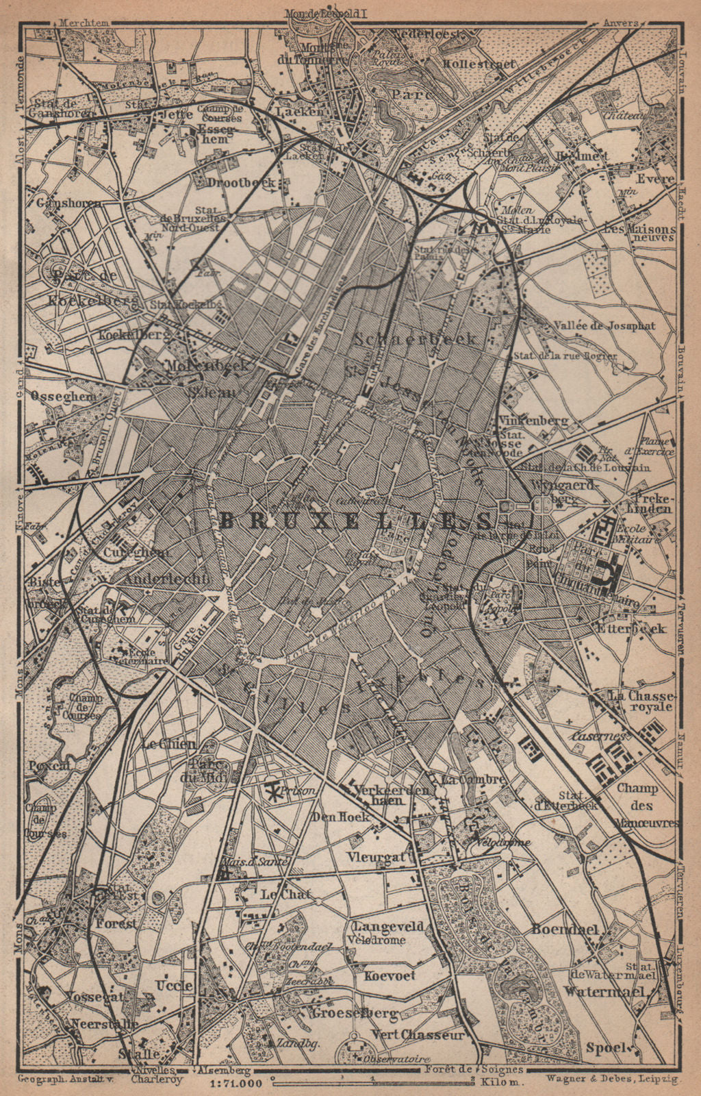 BRUSSELS BRUXELLES BRUSSEL environs plan. Belgium carte. BAEDEKER 1901 old map